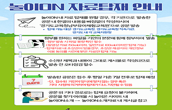 놀이ON 자료탑재 안내 놀이ON 내 자료 탑재를 원할 경우, 각 기관으로 발송한 공문 내 한셀의 내용을 빠짐없이 작성하시어 '경기도교육청남부유아체험교육원'으로 공문 발송 (탑재 가능 대상: 경기도교육청, 경기도교육청 직속기관, 경기도 내 각 교육지원청) 첨부를 원하는 파일을 기안의 본문에 함께 첨부하여 발송 첨부 발송 시 파일 용량 확인 필수 (동영상 자료 150mb 이하, 일반 자료 100mb 이하만 탑재 가능) 탑재 자료 내 초상권이 있을 경우, 초상권 제공자의 개인정보 이용 동의를 사전에 받은 자료만 탑재 가능 수신된 제목과 내용이 그대로 게시물로 작성되므로 발송 전 오타 점검 필수 발송된 공문은 접수 후 평일 기준 7일 전후로 탑재 예정 단, 접수된 기안이 양식에 맞지 않는 경우 혹은 기타 사정에 의거하여 탑재가 다소 지연될 수 있음 공문 외 기타 경로로는 탑재 요청이 불가하며, 공문을 찾기 어려울 시 놀이ON 사이트 내 놀이ON 소개 → 놀이ON 소개 자료 내 게시글 참고 경기도교육청 놀이ON!