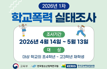  2026년 1차 학교폭력 실태조사 조사기간 2026년 4월 14일 ~ 5월 13일 대상 대상 학교의 초4학년 ~ 고3학년 재학생 교육부 한국청소년정책연구원 KERIS 한국교육학술정보원
